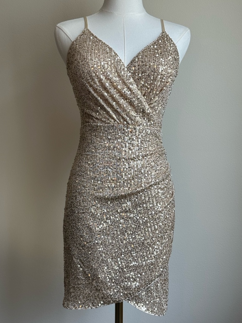 Windsor NEW WITH TAGS Champagne Gold Sequin Wrap Mini Dress | SIZE M
